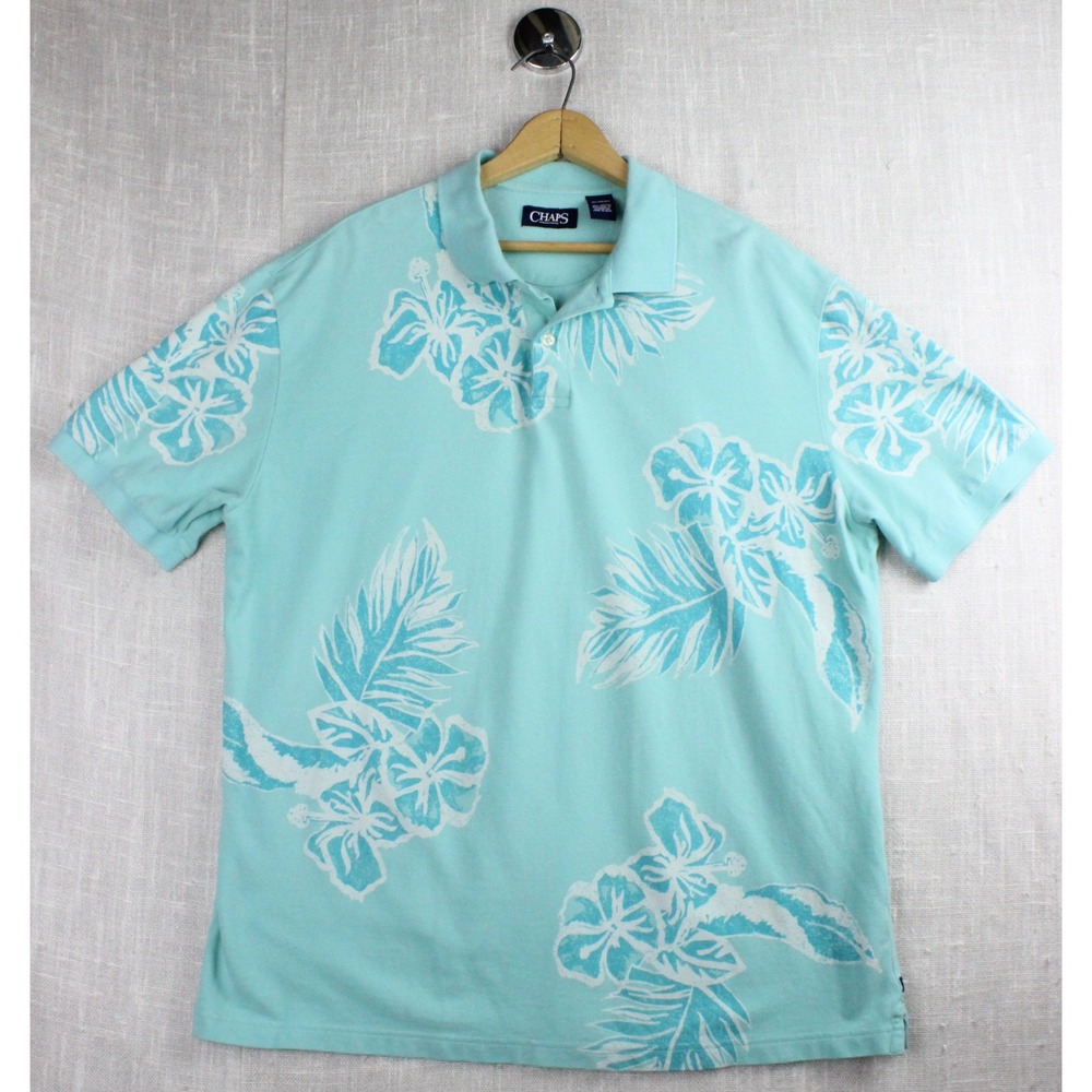 Chaps Mens XL Polo Shirt Turquoise Blue Tropical Hibiscus Floral Cotton Pique